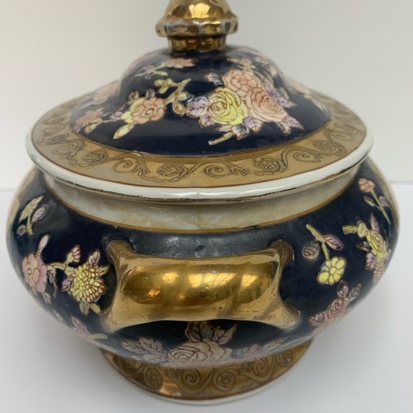 Antique hand-painted Floral porcelain tureen Satsuma style Cobalt Blue Gold Gilt - Picture 5 of 13